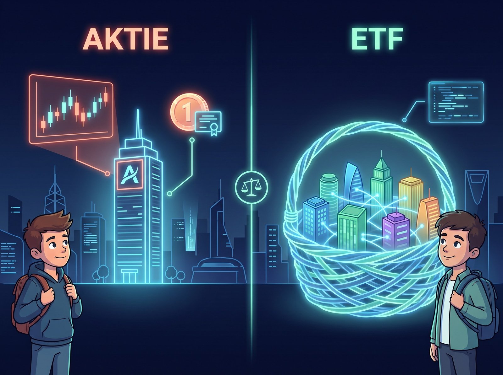 Vergleich: Eine Aktie ist ein Anteil an genau einer Firma, ein ETF bündelt viele verschiedene Firmen automatisch in einem Korb